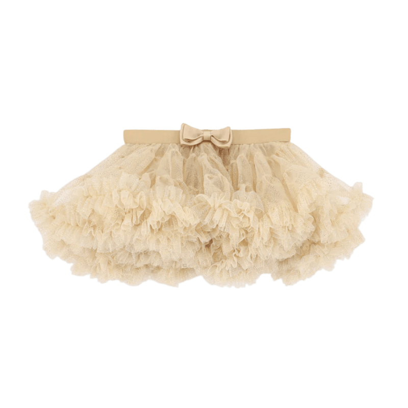 Gonna in tulle glitterata. Cintura in cotone elasticizzata, dettaglio fiocco. Lavare in lavatrice a 30* Colore: oro, beige. Composizione: 100% nylon fodera 95% cotone 5% elastan Brand: ANGEL’S FACE